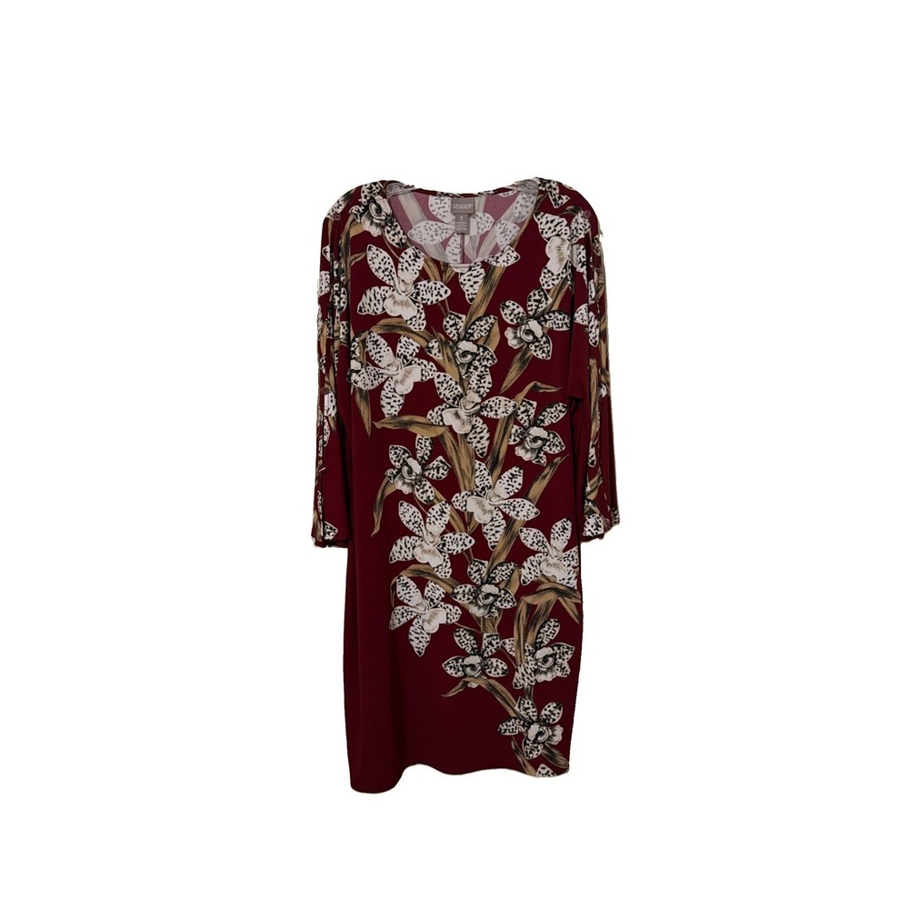 Chico's Dress Women Size 3 Tropical Burgundy Animal Print Floral Slit Sleeve